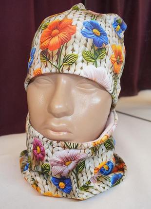 Набор шапка + снуд женский хлопковый зимний "цветы 3d" на флисе