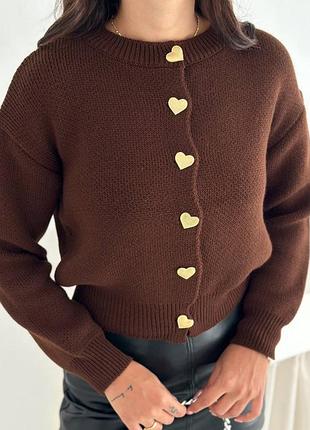 Шоколадний кардиган ґудзики сердечка ♥️ жіноча кофта на ґудзиках олд мані стиль