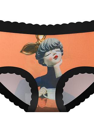 Яркие женские трусы-слипы девушка с чашкой оранжевые l