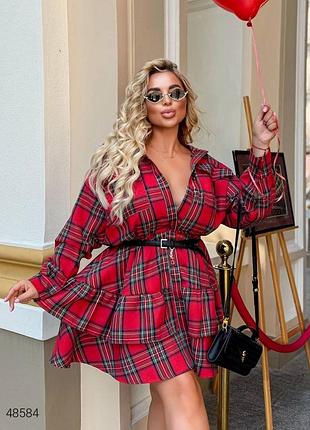 Платье-рубашка мини в клетку больших размеров красная