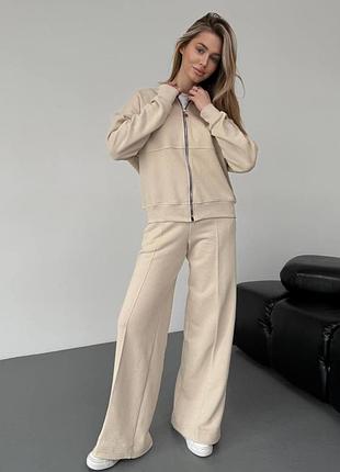 Костюм женский бомбер кофта и штаны палаццо комплект трикотаж петля хлопок базовый стильный повсякденний бежевый