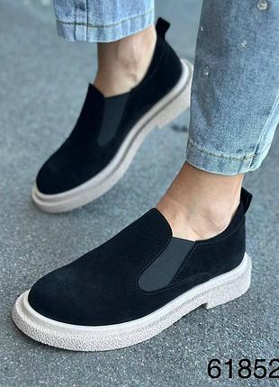 Женские туфли натуральная замша черные, замшевые лоферы 61852