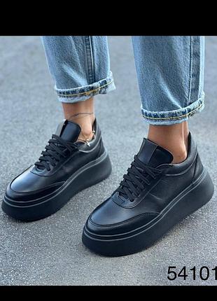 Женские кеды на платформе натуральная кожа черные, кожаные женские кроссовки на высокой подошве 54101