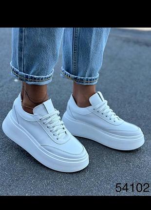 Кеды женские на платформе натуральная кожа белые, кожаные женские кроссовки на высокой подошве 54102