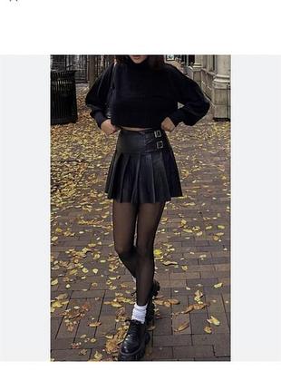 Юпка спідниця юбка кожаная эко шкіряна плиссе тенисная тениска черная с ремешками складки школьная мини складку   тениска