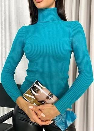 Бирюзовый базовый гольф водолазка свитер в рубчик