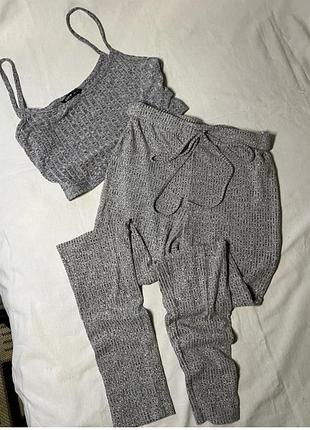 Сіра піжама штани + топ в рубчик/ сірий домашній костюм штани та топ shein
