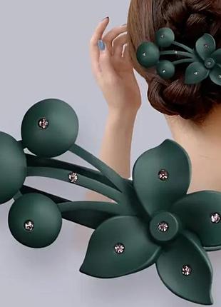 Елегантна зелена квіткова заколка для волосся зі стразами - вінтажний дизайн "качиний кіготь"