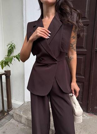 Классический изысканный брючный костюм женский с акцентом на плечах, (брюки палаццо + жилетка) / 7393