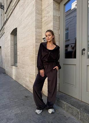 ❗️ 6 кольорів ❗️ жіночий велюровий спортивний костюм худі та блискавці з капюшоном та штани шоколадний рожевий бежевий чорний молочний сірий