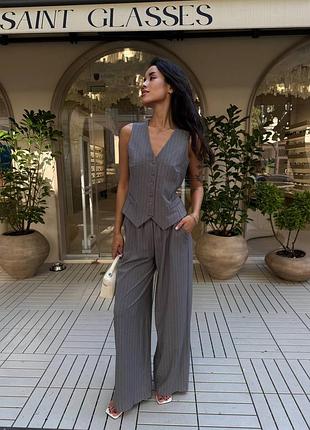 Костюм в полоску 🖤  костюм жилетка+ брюки палаццо, женский брючный костюм классический 7389
