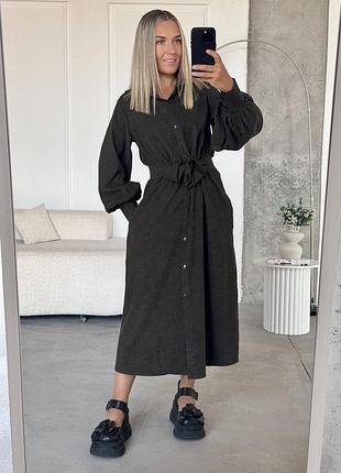 Вельветова сукня жіноча довга міді з поясом плаття з вельвету 42-60 хакі
