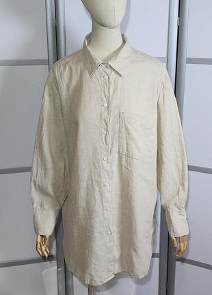 Н&amp;м стильная льняная бежевая рубашка свободного силуэта, заниженная линия плеча, большой карман