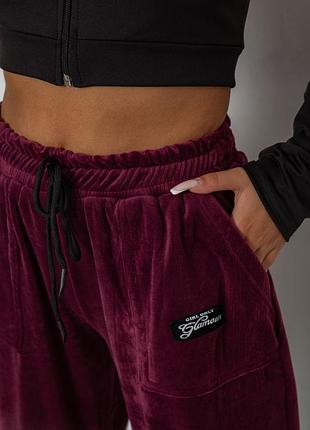 Спортивні штани велюрові жіночі на флісі, колір бордовий, 238r58649-1