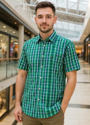Стильная хлопковая рубашка с короткими рукавами зелёного цвета в клетку tommy hilfiger