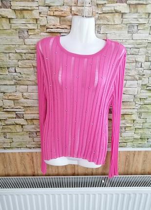 Ярко-розовый свитер паутинка вязкая прозрачный серебристыми заклепками туречковая размер s m l универсальный