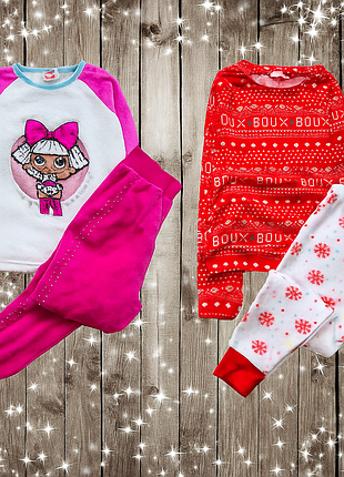 7-8 років, disney пухнаста флісова піжама новорічна і лол, lol, яскраво -рожеві штаніки на манжетах зі стразами. тепла, м"якенька яскрава. стан ідеаль