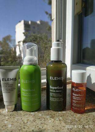 Elemis superfood facial wash, elemis superfood cica calm cleansing wash, elemis superfood fruit vinegar liquid glow, elemis dynamic resurfacing facial