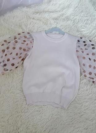 Блуза топ в'язка трикотаж прозорий об'ємні пишні рукави ліхтарик у горох із зав'язками у горох