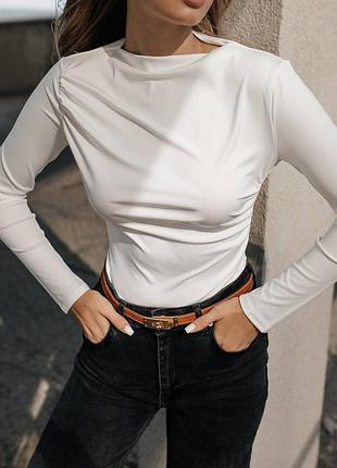 Жіночий боді з рукавами однотонний білий колір з мікродайвінгу xs s m l xl