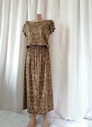 Трикотажный костюм вискоза выглядит как платье юбки длины миди и футболка топ с рукавчиками крыльями принт леопард размеры 42 44 46 48