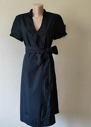 Шикарное черное натуральное платье с широким поясом на запах esprit