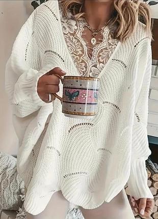 Жіночий стильний светр оверсайз кофта молочна з  мереживом l-xxl 48-52