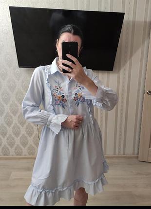 Платье вышивка, хлопковое свободного кроя, с карманами