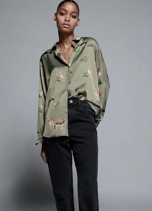 Сатинова сорочка хакі zara з принтом s 🛍️1+1=3🛍️