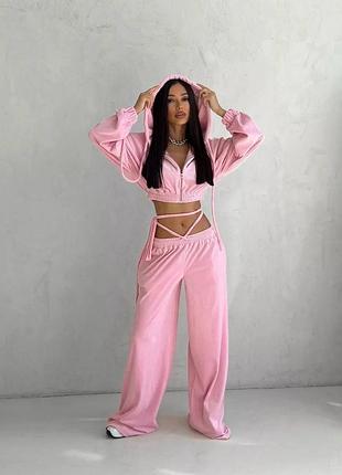 Крутий велюровий жіночий костюм вкорочена зіп худі на блискавці і широкі штани оверсайз плюшевий комплект