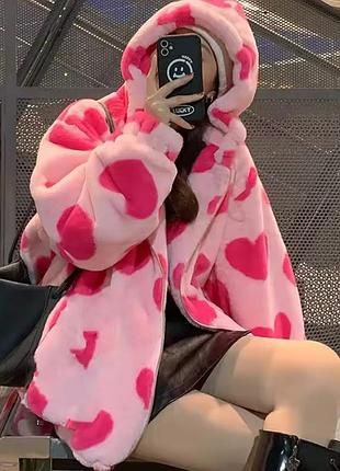 Зіп худі батнік на замок рожевий з сердечками оверсайз zip hoodie