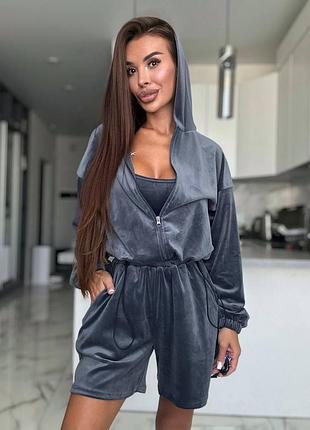 Жіночий повсякденний спортивний костюм читвірка шорти кофта боді топ тканина велюр туреччина