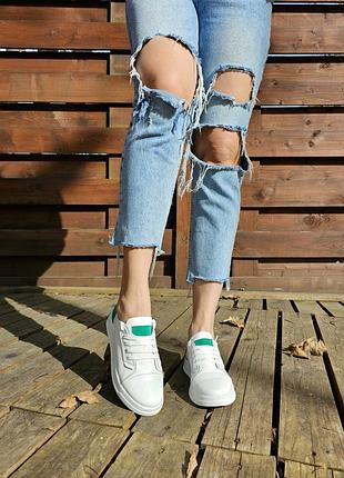 Жіночі кеди із натуральної шкіри білого кольору з зеленими вставками, арт 674