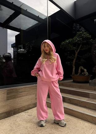 Теплый флисовый флисовый флиска костюм оверсайз удлиненный худи на кулиске и брюки на высокой талии