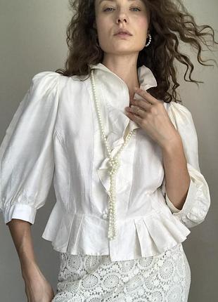 100% шовк. біла жіноча блуза з об’ємними рукавами натуральна вінтажна