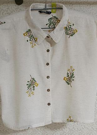 Укороченная женская рубашка рубашка блуза блузка женская рубашка с вышивкой вышивка в составе лен бренд zudio, р.s