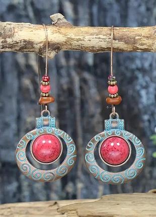 Сережки бохо жіночі сережки-підвіски з круглим червоним агатом, інкрустовані цинковим сплавом, великі сережки-кільця