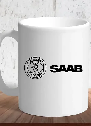 Белая кружка (чашка) с логотипом автомобиля "saab13"