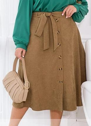 Юбка женская длины миди вельветовая юбка а-силуэта, с карманами, батал, плюc сайз, светло - коричневая