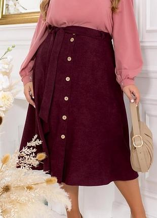 Юбка женская длины миди вельветовая юбка а-силуэта, с карманами, батал, плюc сайз,  бордовая
