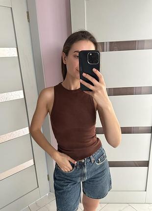 Зара zara трикотажна майка топ трикотаж поло пуловер джемпер коричневий brown