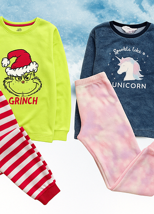 11-12 рок, 152 зріст primark флісова піжама з новорічним грінчем і однорогом. реглан і смугасті штаніки на манжетах, тепла, м"якенька  стан нової! з н