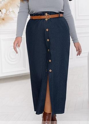 Спідниця жіноча довга джинсова, з розрізом, на ґудзиках, плюс сайз, батал, однотонна темно-синя