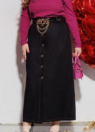 Спідниця жіноча без пояса, довга, джинсова, з розрізом, на ґудзиках, плюс сайз, батал, однотонна чорна