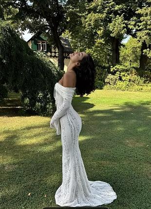 Платье кружевное s праздничное для фото пляжное для росписи свадебное белое молочное со шлейфом