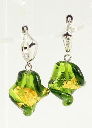 Сережки підвіски зелене чеське скло 4 см срібл
