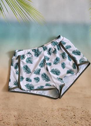 Купальные плавки-шортики белые с зелеными листьями, размер на 13 лет