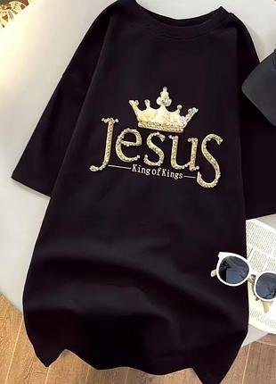 Стильна чорна футболка queen з короною широка пряма