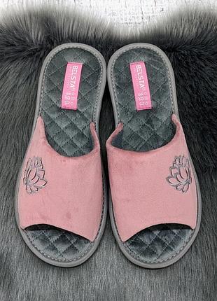 Тапочки женские белсте пудровые с серым велюровые с открытым носком 8017