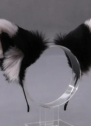 Обруч с ушками черный пушистый cosplay y2k аксессуар